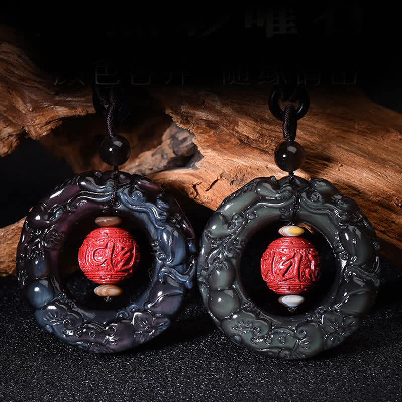 Buddha Stones FengShui Natural Rainbow Obsidian PiXiu Cinnabar Healing Necklace Pendant