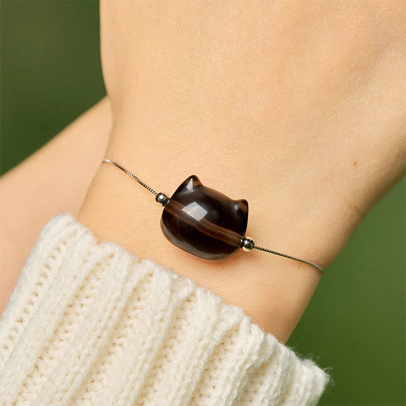 Buddha Stones 925 Sterling Silver Cat Natural Ice Obsidian Positive Bracelet