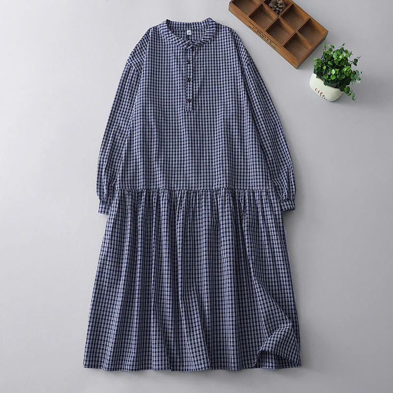 Buddha Stones Casual Plaid Buttons Lantern Long Sleeve Cotton Midi Dress