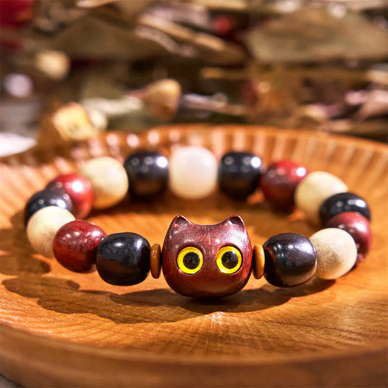 Buddha Stones Small Leaf Red Sandalwood Ebony Wood Cute Cat Engraved Protection Bracelet