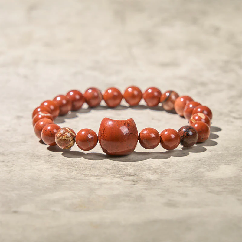 Buddha Stones Faceless Cat Head Design Red Turquoise Luck Bracelet