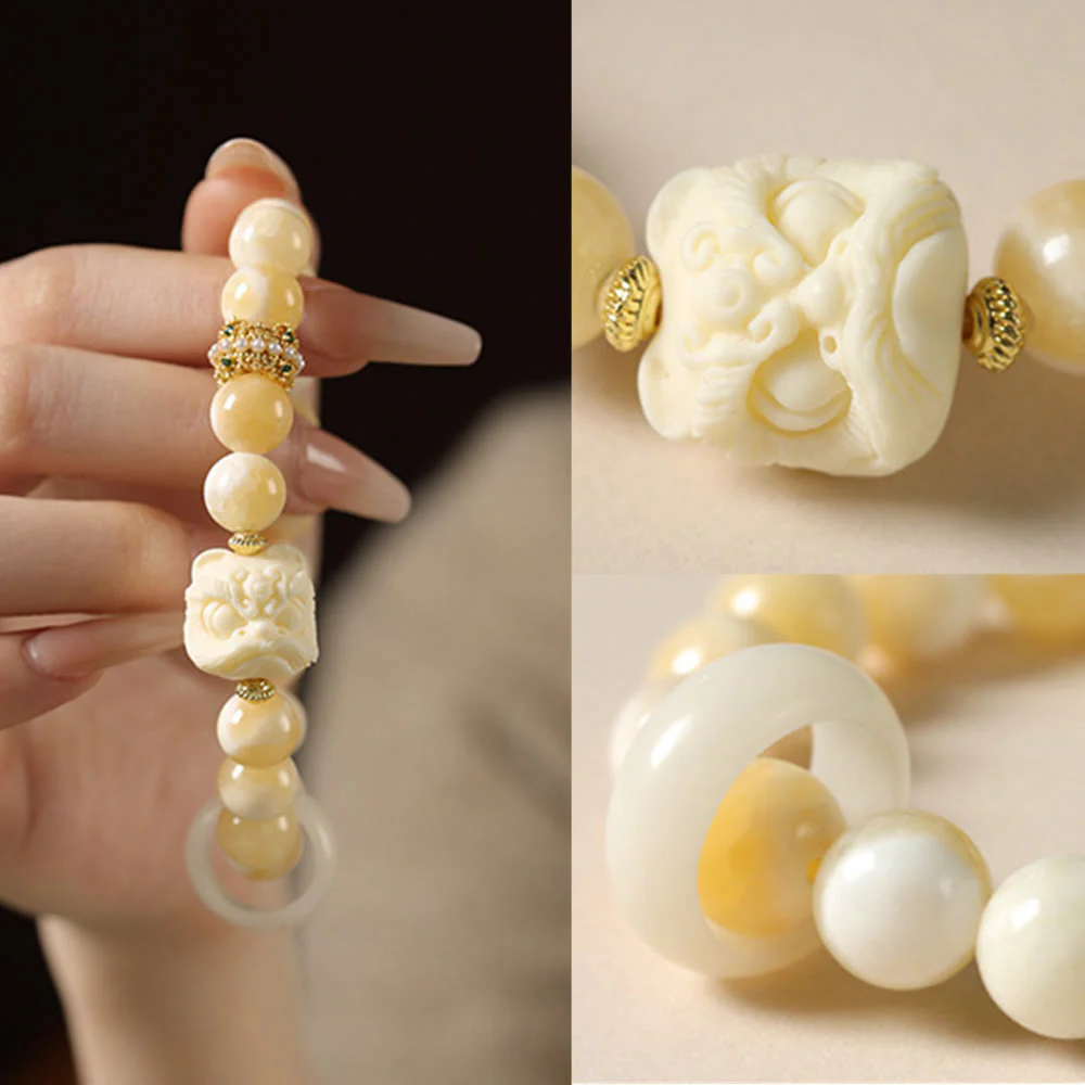 Buddha Stones Amber Gray Agate Ivory Fruit Confidence Bracelet