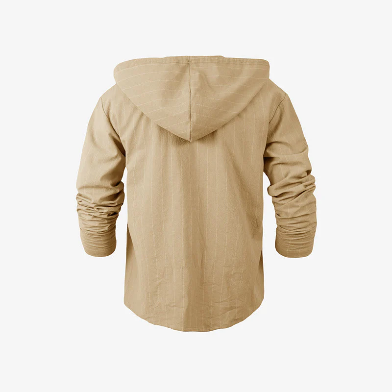 Buddha Stones Solid Long Sleeve Hooded Stripes Drawstring Buttons Linen Men's Shirt