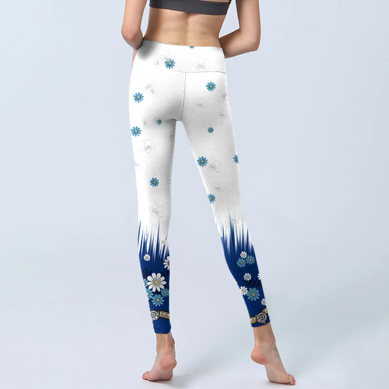 Buddha Stones White Flowers Grass Leaves Pattern Print Gym Leggings Women's Yoga Pants