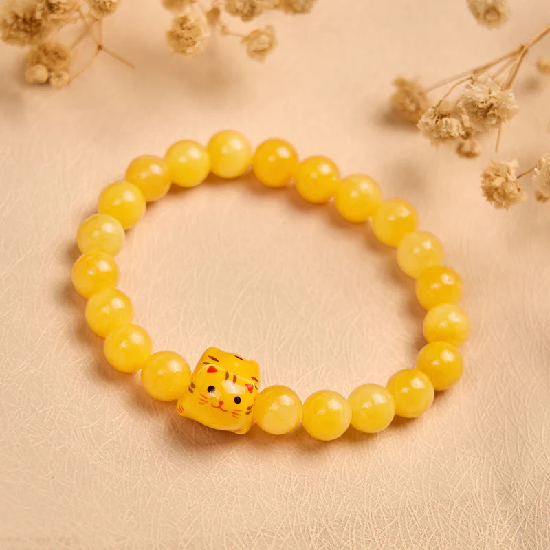 Buddha Stones Orange Tabby Cat Yellow Chalcedony Ceramic Kitten Joy Bracelet