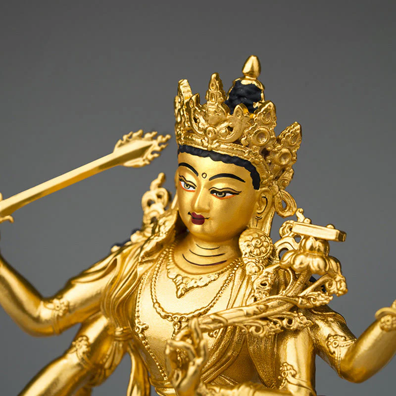Buddha Stones Four-armed Manjusri Bodhisattva Gold Figurine Compassion Serenity Copper Statue Home Decoration