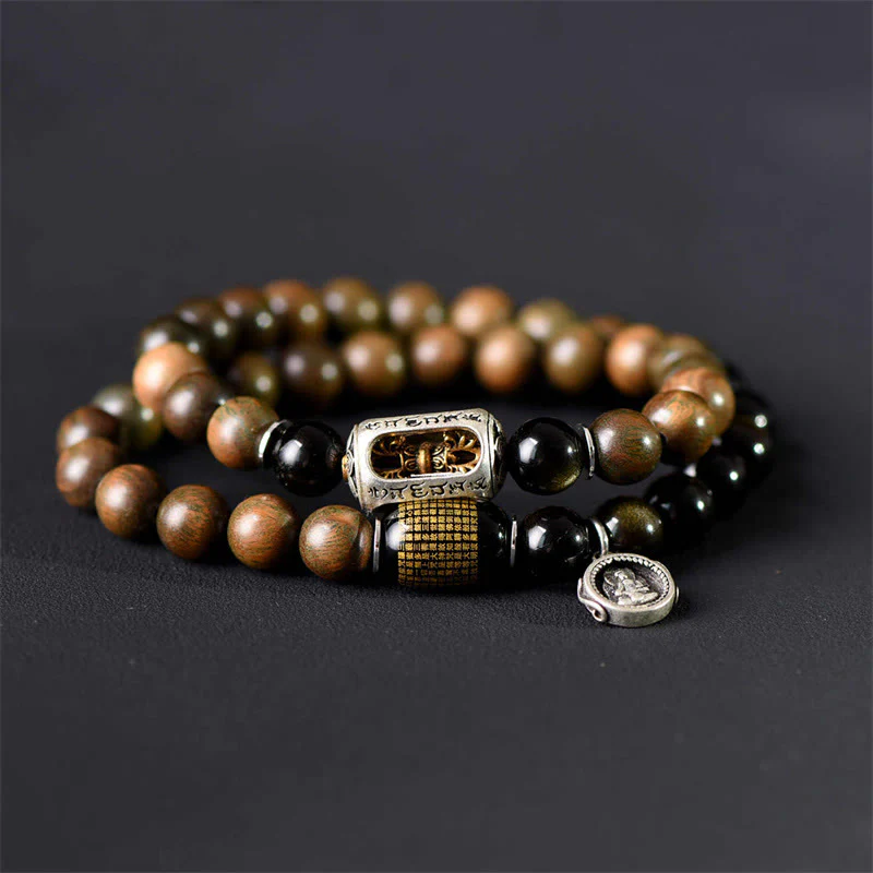 Buddha Stones Tibetan Green Sandalwood Gold Sheen Obsidian Balance Peace Double Wrap Bracelet