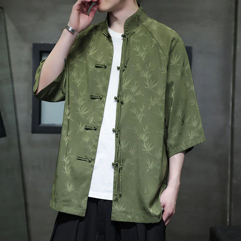 Buddha Stones Jacquard Bamboo Pattern Chinese Frog-Button Stand Collar Tang Suit Men's Cotton Shirt