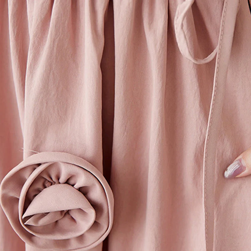 Buddha Stones Three-Dimensional Flower Design Ruffled Neck Cotton Linen Midi Dress With Pockets