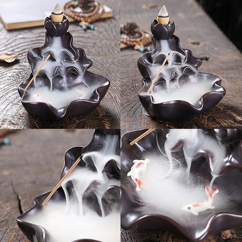 Buddha Stones Lotus Leaf Koi Fish Ceramic Backflow Smoke Fountain Peace Incense Burner Decoration