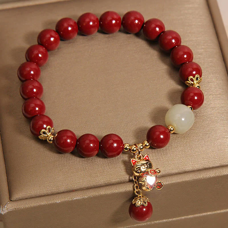 Buddha Stones Natural Lucky Cat Pendant Cinnabar Blessing Bracelet