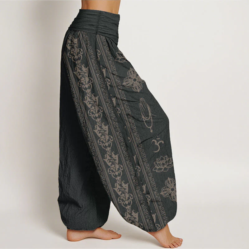 Buddha Stones Pure Cotton Lotus Flowers Double Dorje Vajra Namaste Om Design Women's Elastic Waist Harem Pants