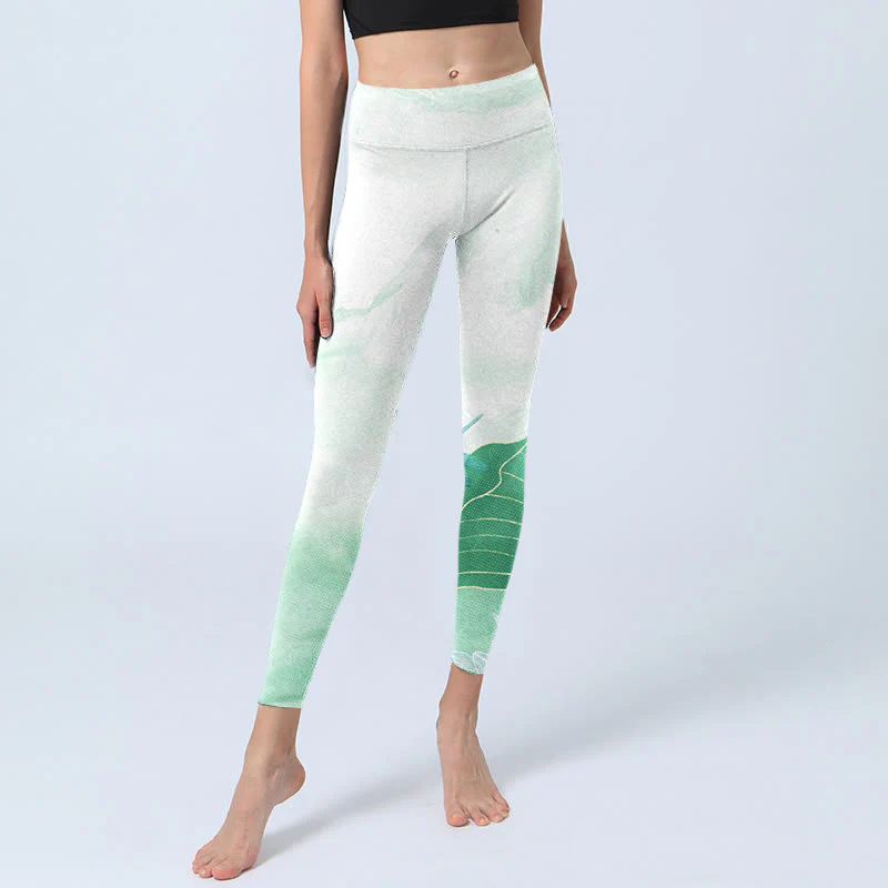 Buddha Stones Mint Green Lotus Leaf Dragonfly Print Exercise Leggings Women's Yoga Pants