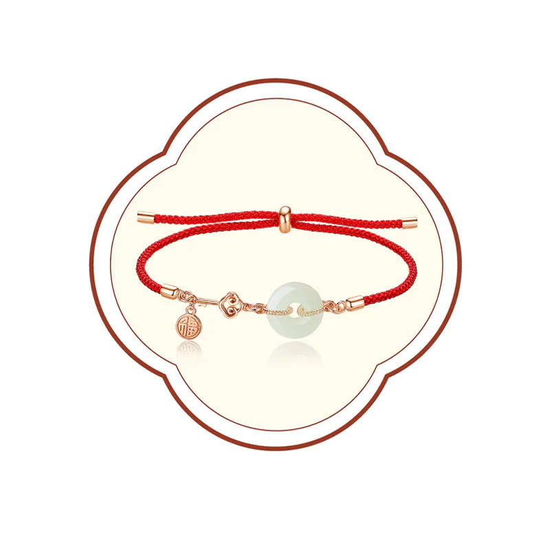 Buddha Stones Natural Hetian Jade Peace Buckle 925 Sterling Silver Red String Fu Character Protection Luck Bracelet