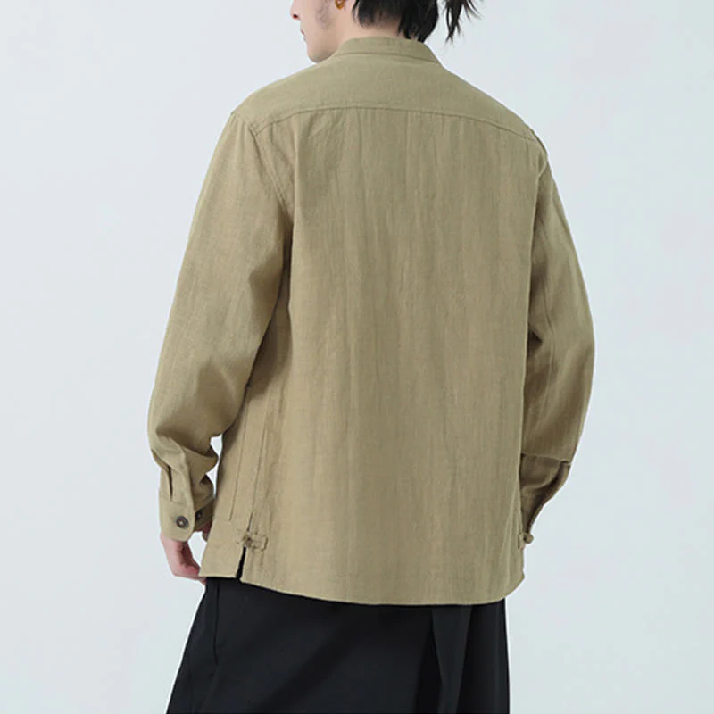 Buddha Stones Men's Button Ramie Linen Cotton Fleece Lined Jacket Shirt With Pockets