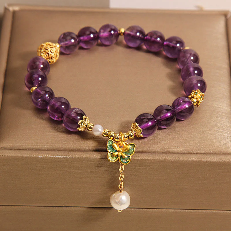 Buddha Stones Natural Amethyst Amber Green Butterfly Healing Bracelet