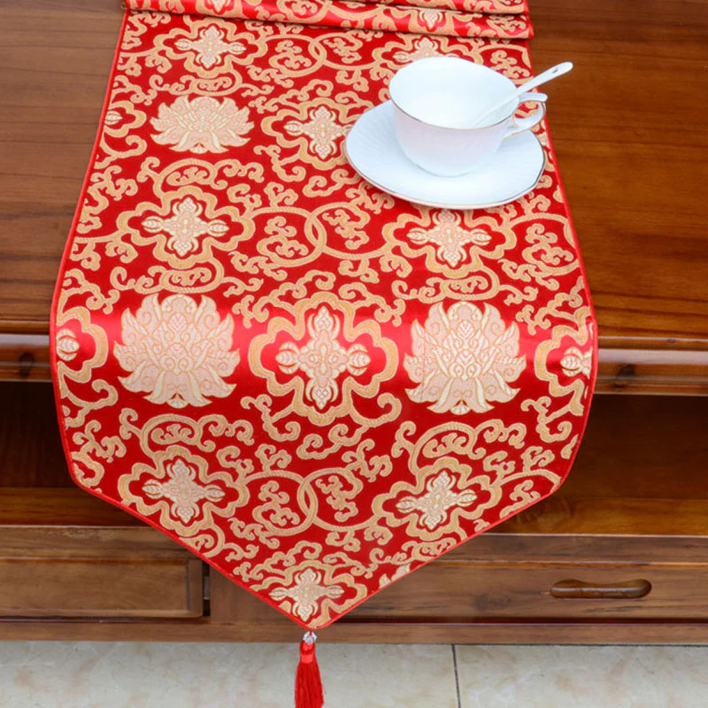 Buddha Stones Prayer Altar Flower Vajra Dragon Pattern Tibetan Auspicious Symbols Tassels Jacquard Table Runner