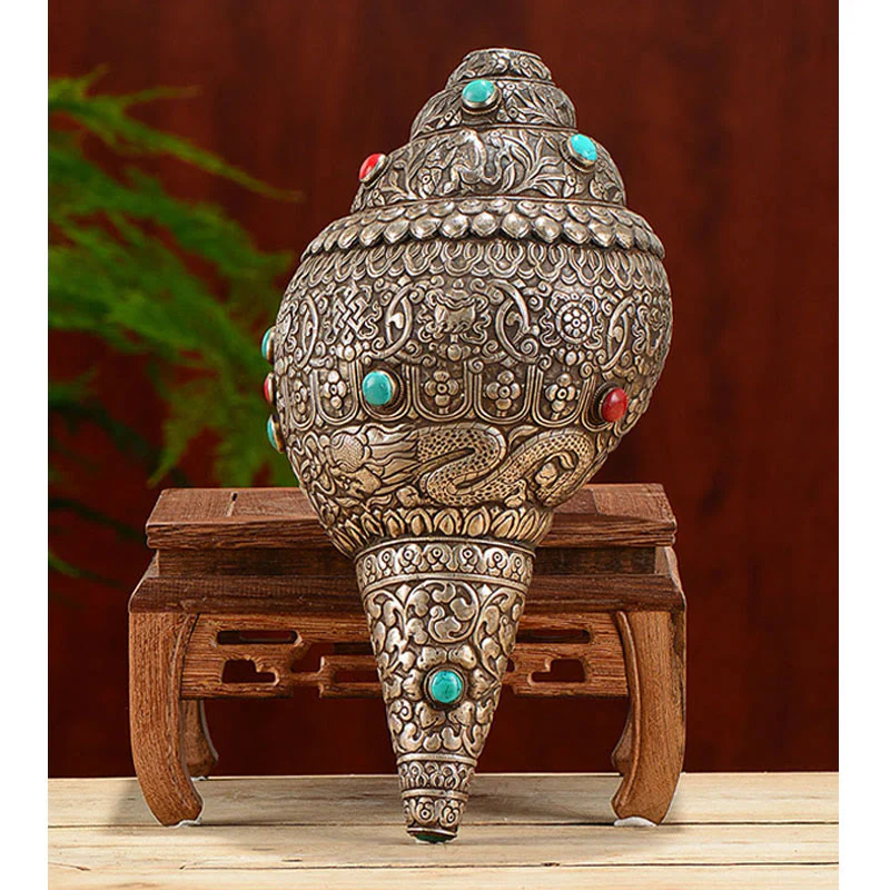 Buddha Stones Tibetan Handmade Natural Shankha Engraved Eight Auspicious Symbols Conch Shell Lucky Home Decoration