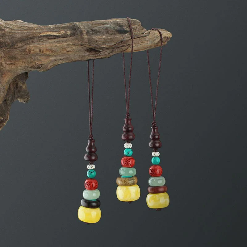 Buddha Stones Green Sandalwood Ebony Wood Gourd Seven Layer Pagoda Positive Phone Hanging Decoration