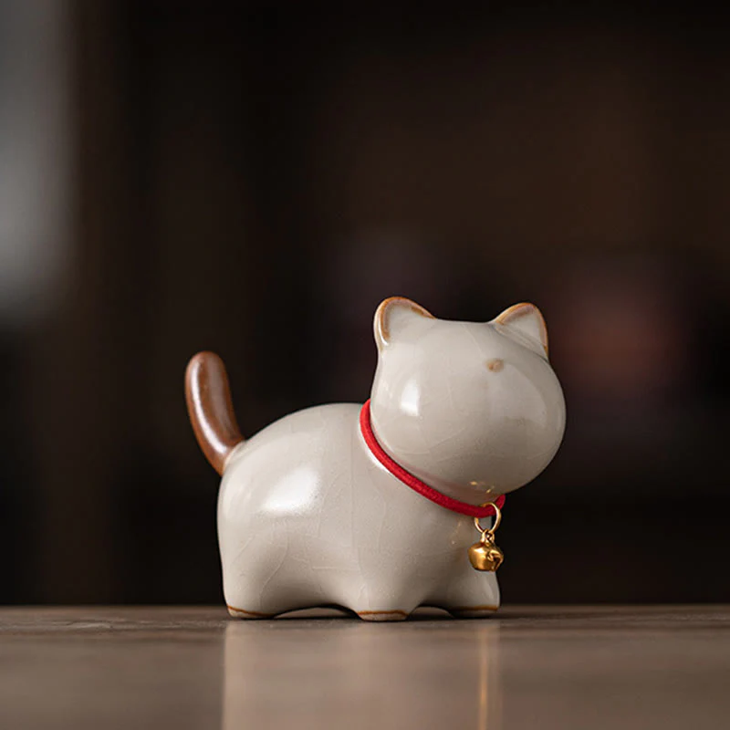 Buddha Stones Mini Lucky Cute Standing Cat Red Rope Bell Ceramic Figurine Decoration