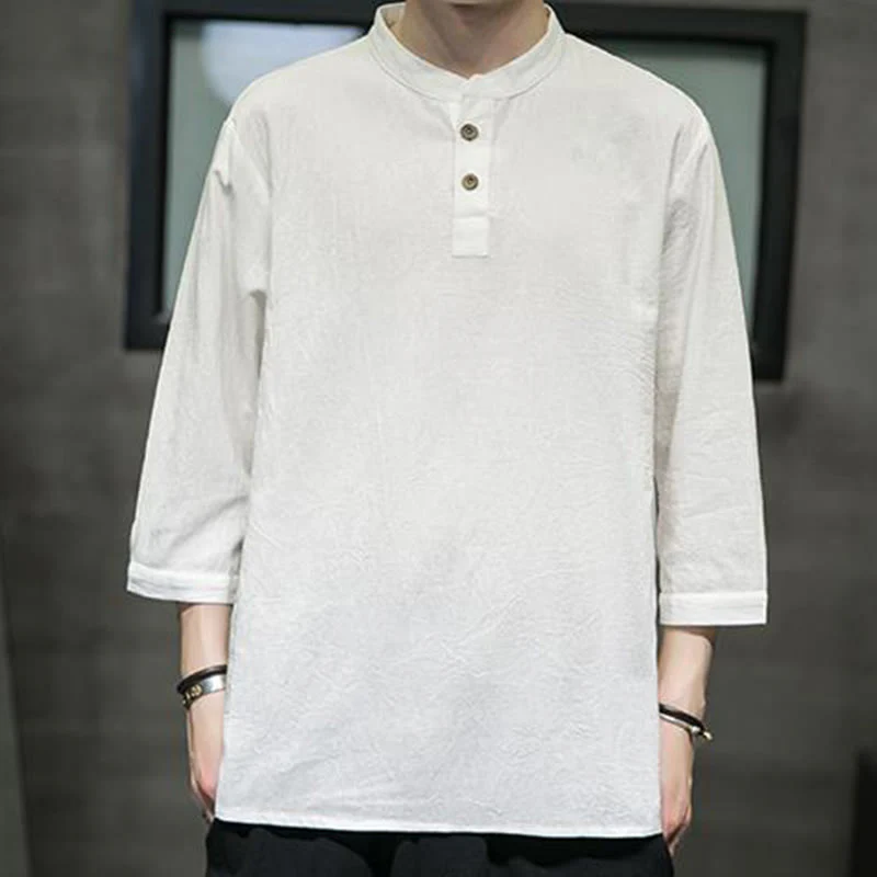 Buddha Stones Vintage Causal Pure Color Stand Collar Men's Three Quarter Sleeve Cotton Linen Shirt
