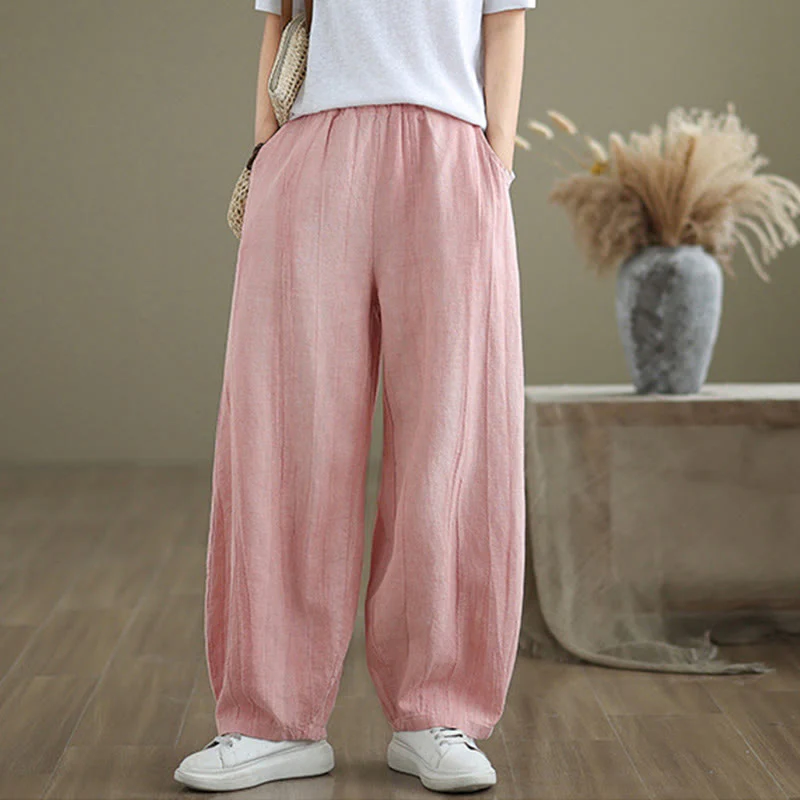 Buddha Stones Casual Plain Women's Cotton Linen Harem Pants With Pockets
