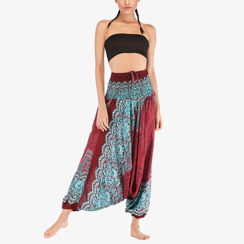Buddha Stones Two Style Wear Round Geometric Pattern Loose Smocked Harem Trousers Jumpsuit High Waist Women's Yoga Pants