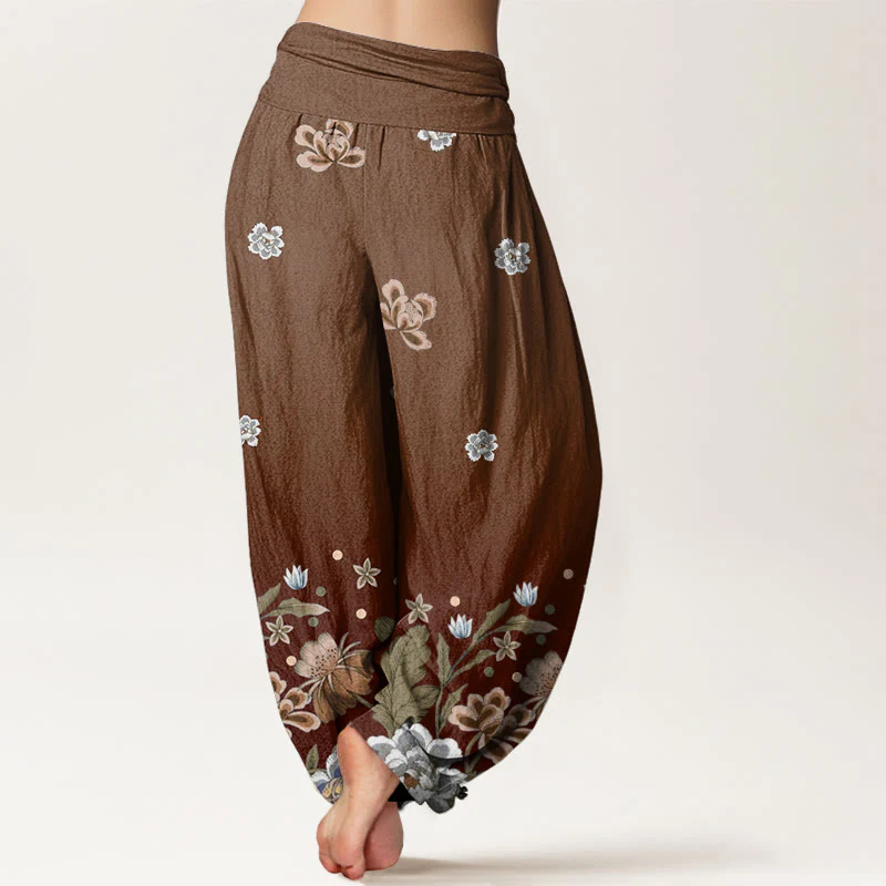 Buddha Stones Casual Blooming Flowers Pattern Women's Elastic Waist Harem Pants