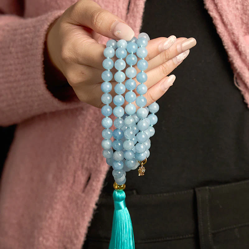 Buddha Stones 108 Mala Beads Natural Stone Aquamarine Tassel Lotus Healing Bracelet