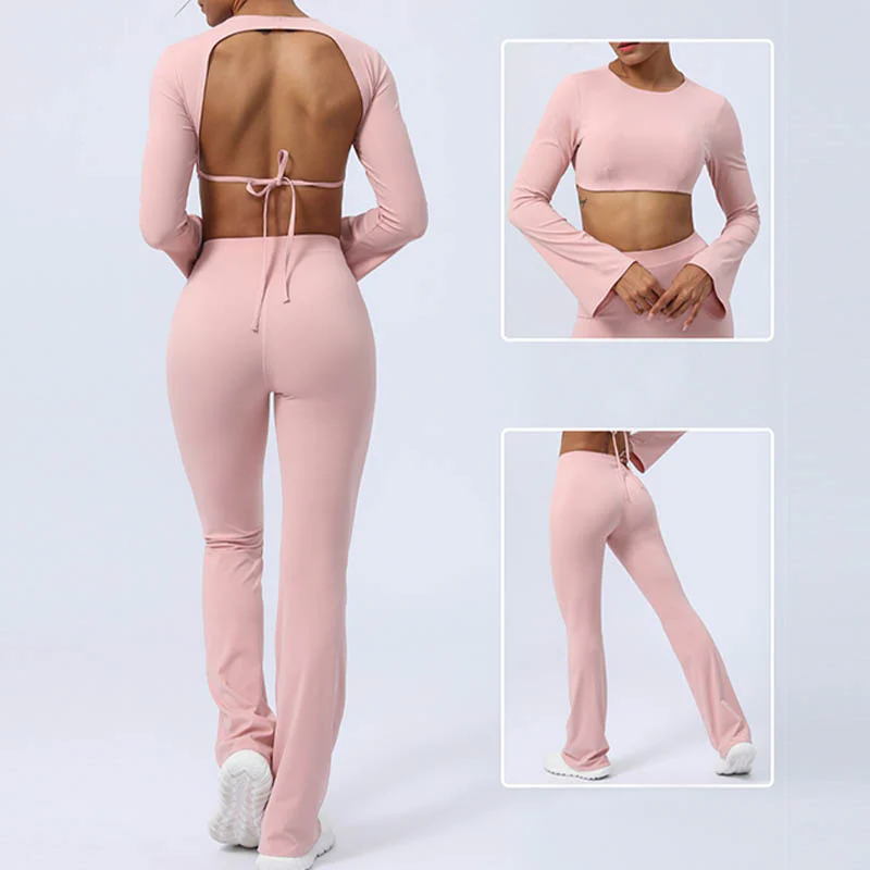Buddha Stones Long Sleeve Backless Strap Top Bra Flare Pants Fitness Yoga Outfit