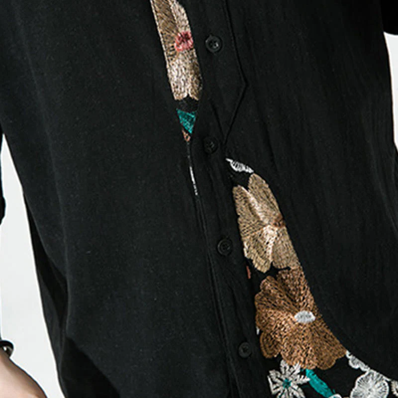 Buddha Stones Embroidery Patchwork Simple Design Three Quarter Sleeve Men's Cotton Linen Shirt