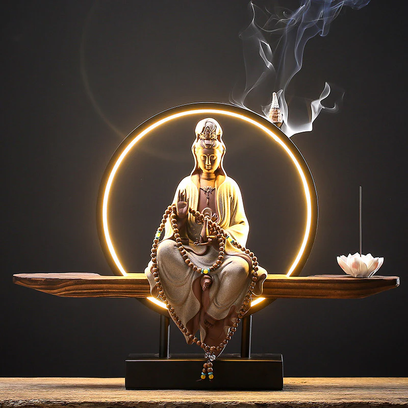 Buddha Stones Buddha Avalokitesvara Ceramic Lotus Relaxation Incense Burner Decoration