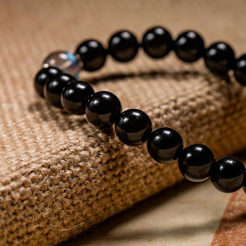 Buddha Stones Chinese Zodiac Natal Buddha 925 Sterling Silver Black Obsidian Moonstone Strength Bracelet