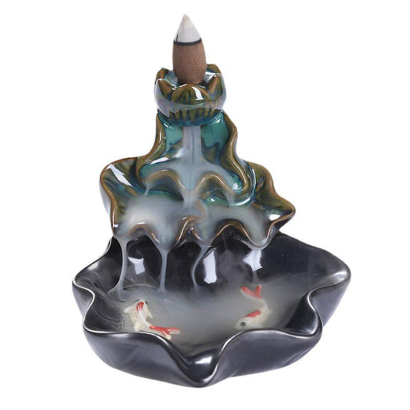 Buddha Stones Lotus Leaf Koi Fish Ceramic Backflow Smoke Fountain Peace Incense Burner Decoration