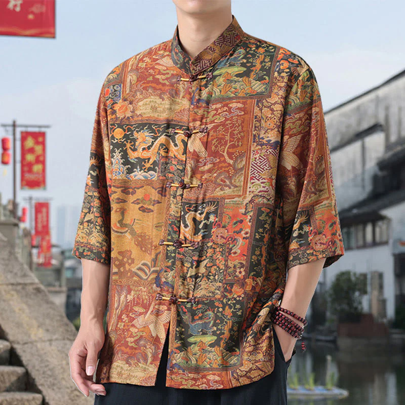 Buddha Stones Dragon Auspicious Clouds Green Mountains Chinese Frog-Button Men's Half Sleeve Cotton Linen Shirt