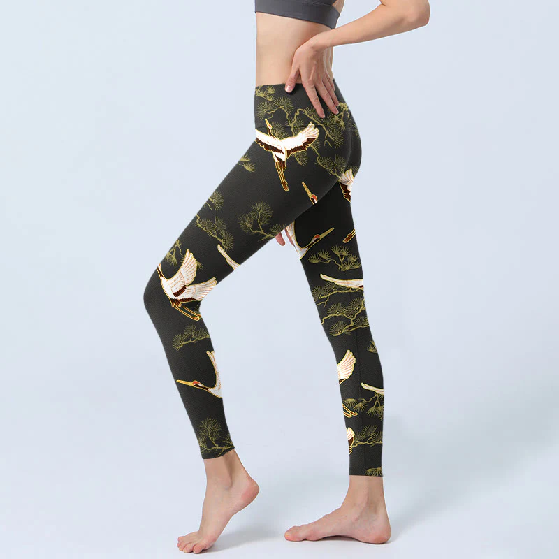 Buddha Stones Soaring Crane Pine Tree Pattern Print Gym Leggings Women's Yoga Pants