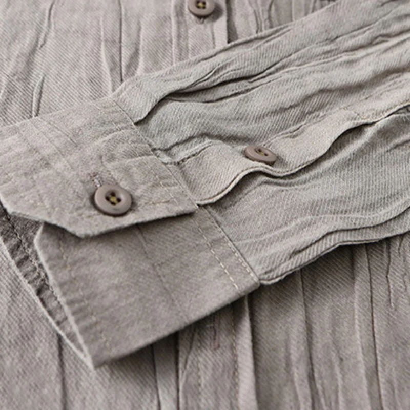 Buddha Stones Retro Pleats Buttons Men's Long Sleeve Ramie Linen Shirt With Pockets