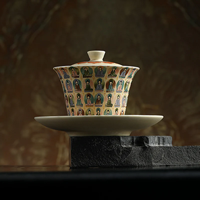 Buddha Stones Dunhuang Color Thousand Buddhas Flying Apsaras Pattern Gaiwan Teacup Kung Fu Tea Cup With Lid