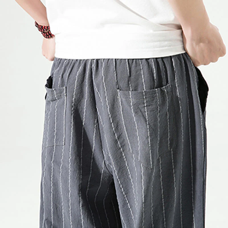 Buddha Stones Casual Plain Stripes Pattern Drawstring Men's 7-8 Length Cotton Linen Harem Pants With Pockets