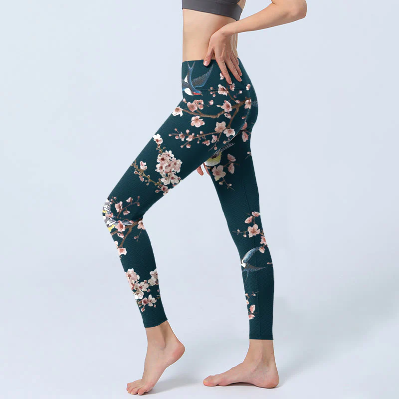 Buddha Stones Sparrow Swallow Peach Blossom Pattern Print Gym Leggings Women's Yoga Pants