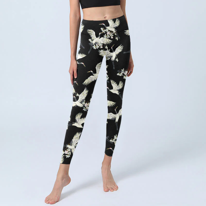 Buddha Stones White Cranes Blossoms Print Gym Leggings Women's Yoga Pants