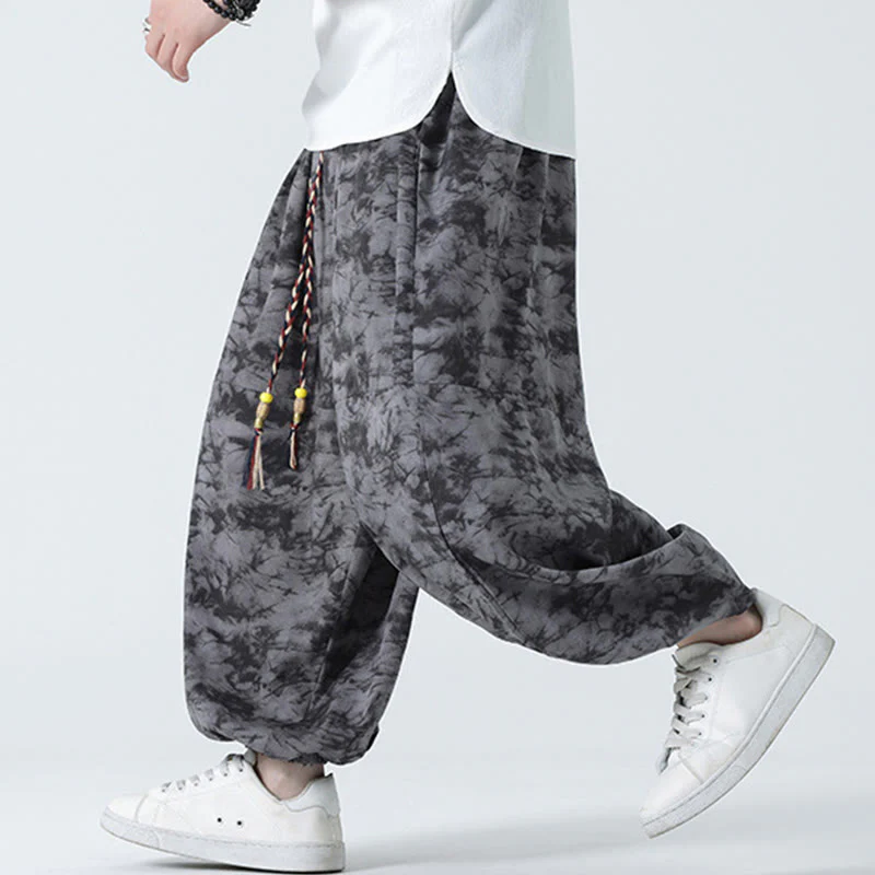 Buddha Stones Retro Casual Drawstring Design Floral Pattern Men's Harem Pants With Pockets