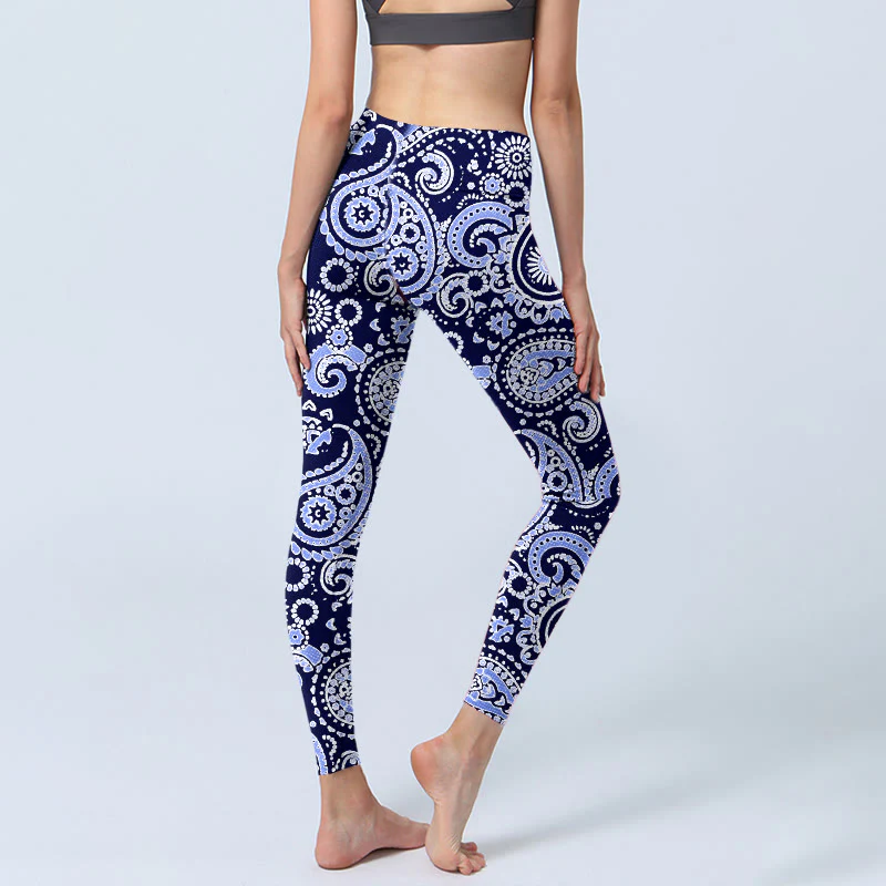 Buddha Stones Purple Blue Cashew Flower Print Gym Leggings Women's Yoga Pants