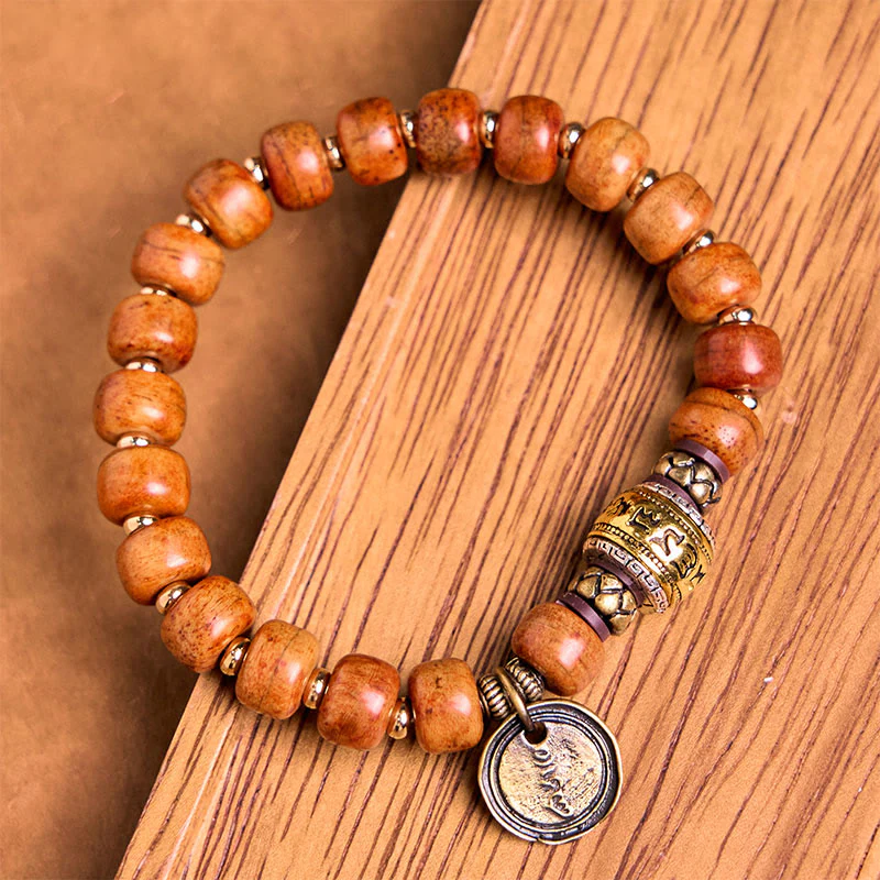 Buddha Stones Natural Tibetan Camel Bone Barrel Beads OM Sanskrit Luck Protection Bracelet