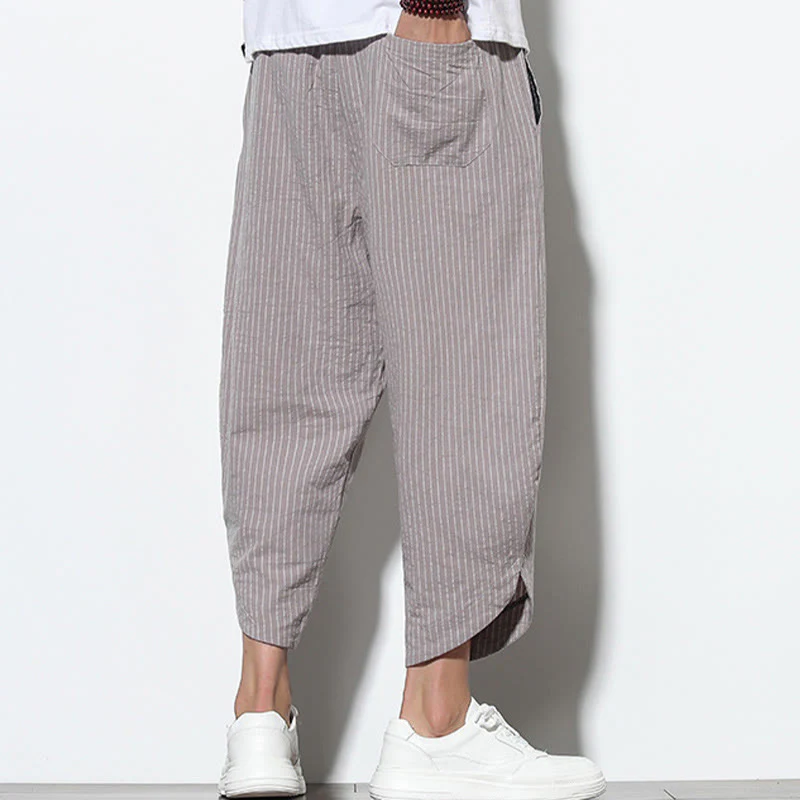 Buddha Stones Summer Stripes Pattern Drawstring Cotton Linen Men's 7-8 Length Harem Pants With Pockets