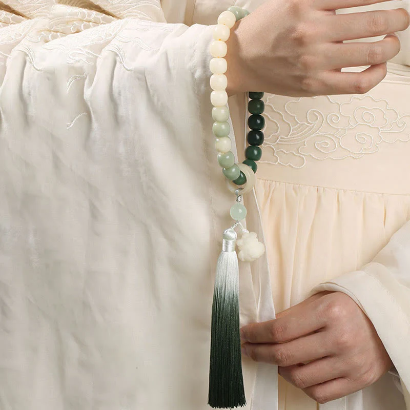 Buddha Stones Natural Gradient Bodhi Seed Fortune Money Bag Lotus Wisdom Tassel Wrist Mala