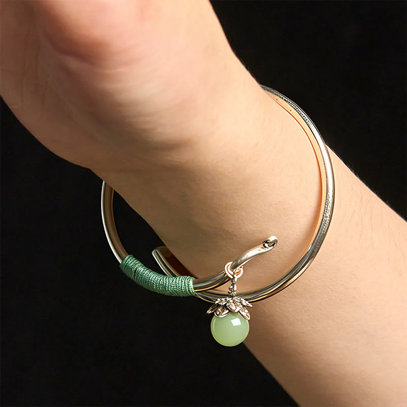 Buddha Stones Copper Alloy Green Bead Charm Luck Cuff Bracelet Bangle