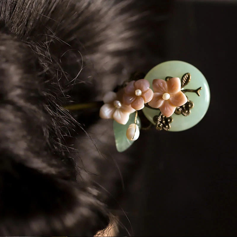 Buddha Stones Copper Jade Shell Flower Leaves Luck Hairpin