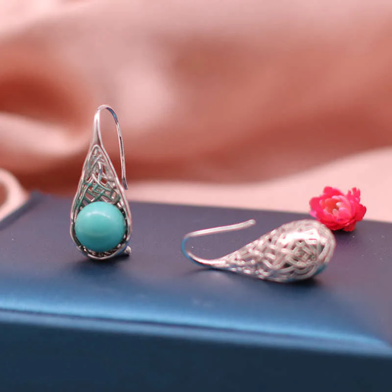 Buddha Stones 925 Sterling Silver Turquoise Beaded Pattern Protection Drop Dangle Earrings