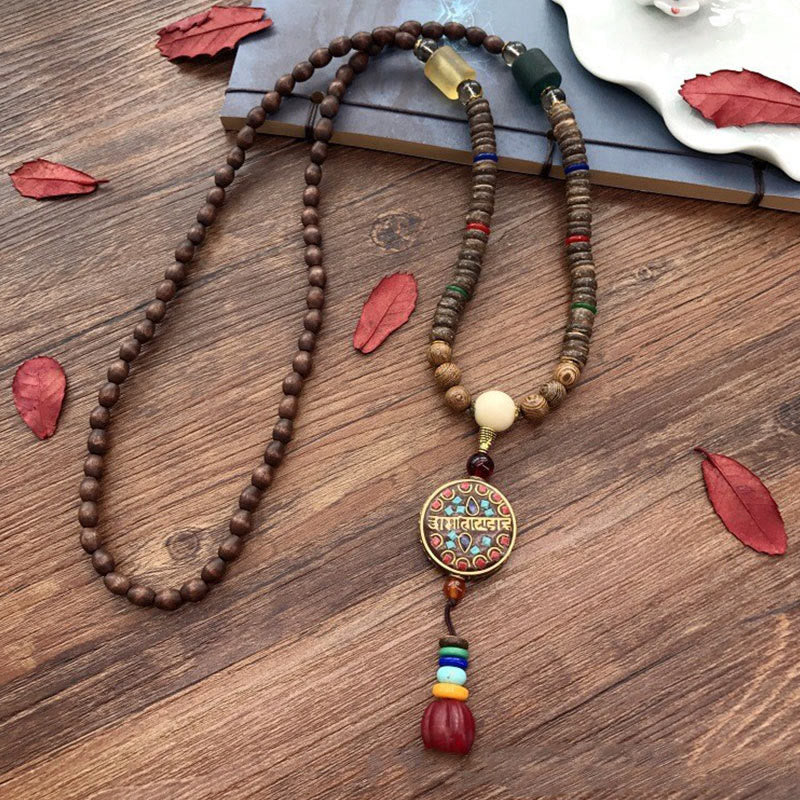 Buddha Stones Tibetan Handmade Coconut Shell Schima Wood Great Bright Mantra Copper Bead Balance Necklace Pendant